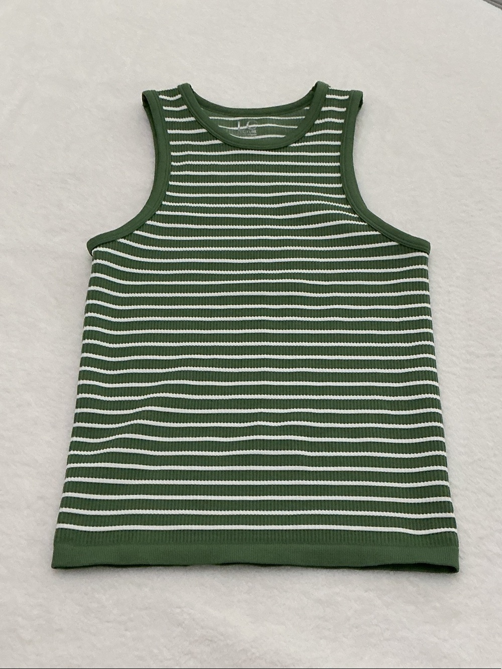 LC Lauren Conrad Olive Green & White Striped Ribbed Tank